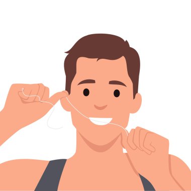 Genç adam dişlerini diş ipiyle fırçalıyor. Düz vektör çizimi beyaz arkaplanda izole edildi