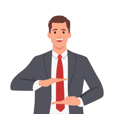 Elleriyle büyük ve büyük bir işaret gösteren, ölçü sembolü olan genç bir adam. Düz vektör çizimi beyaz arkaplanda izole edildi