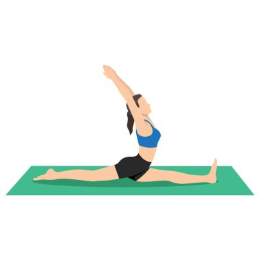 Kadın poz veriyor, ön bacak pozu veriyor, maymun pozu ya da Hanumanasana. Düz vektör çizimi beyaz arkaplanda izole edildi