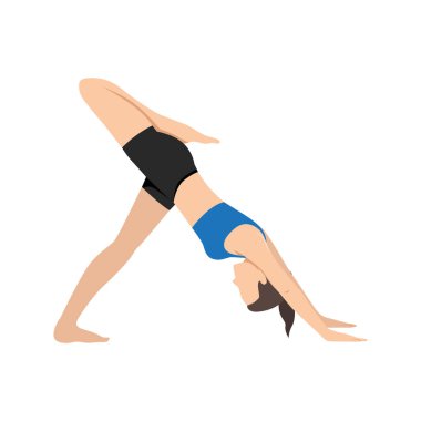 Üç Ayaklı Aşağı Yüzlü Köpek Pozu Varyasyonu ya da Tri Pada Adho Mukha Svanasana Varyasyonu Yığıldı. Düz vektör çizimi beyaz arkaplanda izole edildi