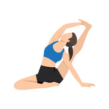 Pusula Pozu, Güneş Saati Pozu ya da Surya Yantrasana yoga egzersizi yapan bir kadın. Düz vektör çizimi beyaz arkaplanda izole edildi