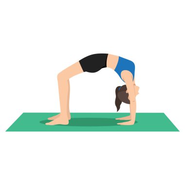Wheel pozu veren kadın, Chakrasana, Upward Bow Poose veya Urdhva Dhanurasana. Düz vektör çizimi beyaz arkaplanda izole edildi