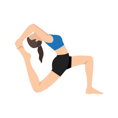 Tek Ayaklı Kral Güvercin Pozu ya da Denizkızı yoga egzersizi yapan bir kadın. Düz vektör çizimi beyaz arkaplanda izole edildi