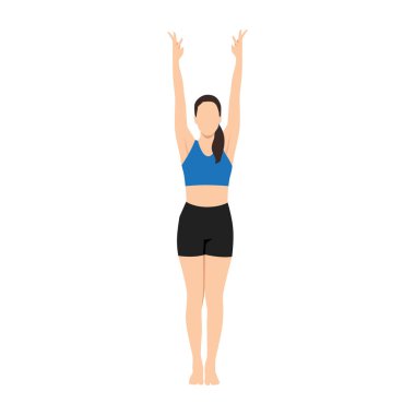 Kadın Volkan Pozu, Yukarı El Pozu, Yukarı Selamlama Pozu veya Tadasana Urdhva Hastasana yapıyor. Düz vektör çizimi beyaz arkaplanda izole edildi
