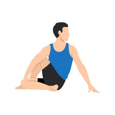 Adam balıkların yarı lordu matsyendrasana egzersizini yapıyor. Düz vektör çizimi beyaz arkaplanda izole edildi