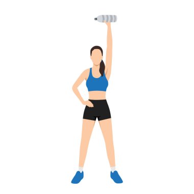 Kadın su şişesiyle Tek Kol Baskı yapıyor. Düz vektör çizimi beyaz arkaplanda izole edildi