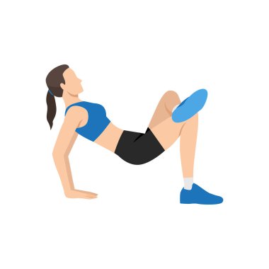 Köprü pozu veren ve bacak bacak üstüne atan bir kadın. Düz vektör çizimi beyaz arkaplanda izole edildi