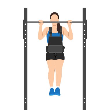 Kilolu yeleğiyle barfiks çeken bir kadın. Düz vektör çizimi beyaz arkaplanda izole edildi