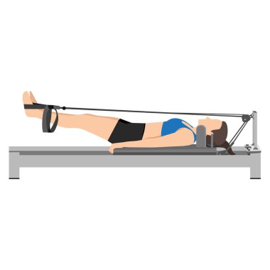 Pilates reformcusu üzerinde egzersiz yapan bir kadın. Düz vektör çizimi beyaz arkaplanda izole edildi