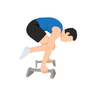 Adam paralellerle Tuck planche jimnastiği yapıyor. Düz vektör çizimi beyaz arkaplanda izole edildi