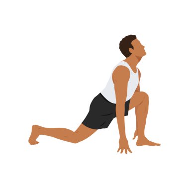 Genç adam binicilik ya da ashwa sanchalanasana egzersizi yapıyor. Düz vektör çizimi beyaz arkaplanda izole edildi