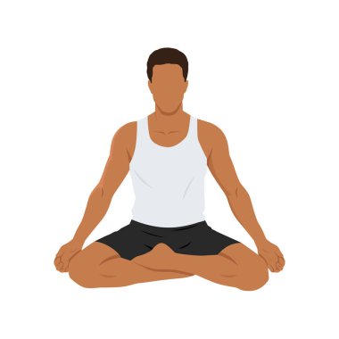 Genç adam başarılı ya da Sidhasana yoga egzersizi yapıyor. Düz vektör çizimi beyaz arkaplanda izole edildi