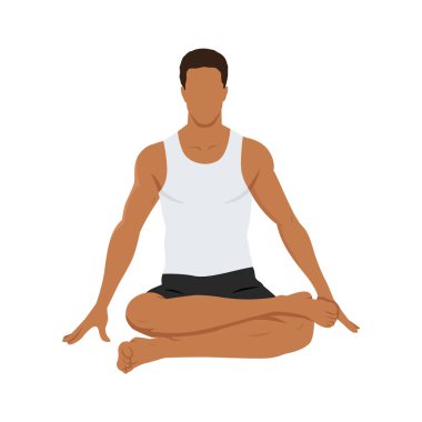 Genç adam ateş kütüğü pozu ya da agnistambhasana yoga egzersizi yapıyor. Düz vektör çizimi beyaz arkaplanda izole edildi