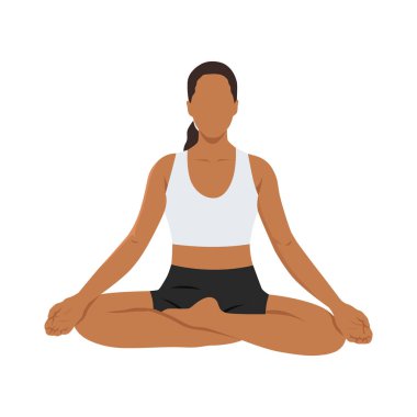 Başarılı ya da Sidhasana yoga egzersizi yapan genç bir kadın. Düz vektör çizimi beyaz arkaplanda izole edildi