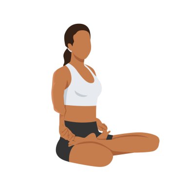 Bound Lotus Pozu ya da Baddha Padmasana yapan genç bir kadın. Düz vektör çizimi beyaz arkaplanda izole edildi