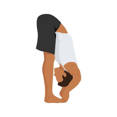 Padangusthasana ya da Big Toe Poose, Ashtanga yoga egzersizi yapan genç adam. Düz vektör çizimi beyaz arkaplanda izole edildi