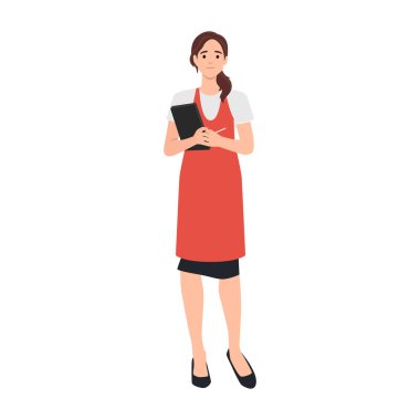 Garson kız elinde kalem ve not defteri tutuyor. Düz vektör çizimi beyaz arkaplanda izole edildi