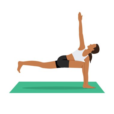 Artistik Patinaj Pozu ya da Pada Vakra Trikonasana yoga egzersizi yapan genç bir kadın. Düz vektör çizimi beyaz arkaplanda izole edildi