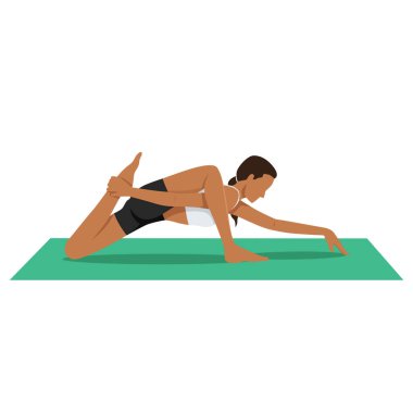 Kertenkele Pozu Dönüşümü 'nü yapan genç bir kadın ya da Utthan Pristhasana Varyasyon Yedek Ayağı. Düz vektör çizimi beyaz arkaplanda izole edildi