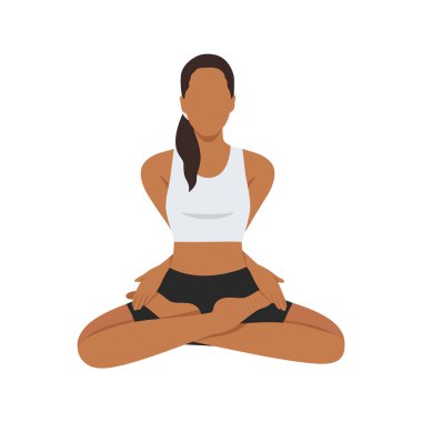 Bağlı Lotus Pozu ya da Baddha Padmasana yoga egzersizi yapan genç bir kadın. Düz vektör çizimi beyaz arkaplanda izole edildi