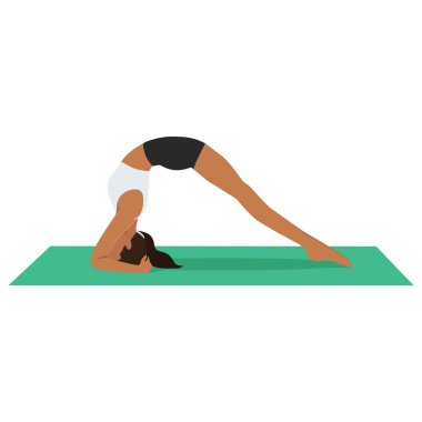 İki Ayaklı Ters Kadro Pozu ya da Dvi Pada Viparita Dandasana yoga egzersizi yapan genç bir kadın. Düz vektör çizimi beyaz arkaplanda izole edildi