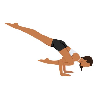 Uçan Kertenkele Pozu ya da Uçan Kertenkele Pozu yoga egzersizi yapan genç bir kadın. Düz vektör çizimi beyaz arkaplanda izole edildi