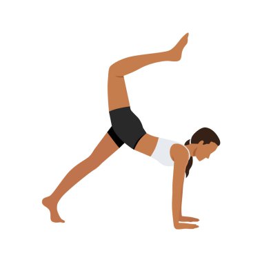 Tek bacaklı tahta bacak ya da Eka Pada Phalakasana Dhanura Pada taklidi yapan genç bir kadın. Düz vektör çizimi beyaz arkaplanda izole edildi