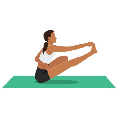 Half Bound Lotus Tekne Pozu ya da Ardha Baddha Padma Navasana yoga egzersizi yapan genç bir kadın. Düz vektör çizimi beyaz arkaplanda izole edildi