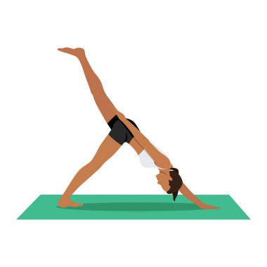 Tek Kollu Üç Ayaklı Köpek Pozu 'nu ya da Eka Hasta Tri Pada Adho Mukha Svanasana' yı oynayan genç kadın. Düz vektör çizimi beyaz arkaplanda izole edildi
