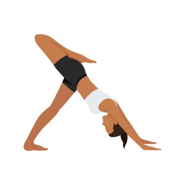 Üç Ayaklı Aşağı Yüzlü Köpek Poz Varyasyonu ya da Tri Pada Adho Mukha Svanasana Varyasyonu Yapan Genç Kadın. Düz vektör çizimi beyaz arkaplanda izole edildi