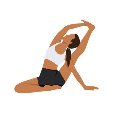 Pusula Pozu, Güneş Hareketi ya da Surya Yantrasana yoga egzersizi yapan genç bir kadın. Düz vektör çizimi beyaz arkaplanda izole edildi