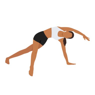 Yan Plank Büküm Kolu 'nu ya da Vasisthasana Burgu Kolu' nu üstten çeken genç bir kadın. Düz vektör çizimi beyaz arkaplanda izole edildi