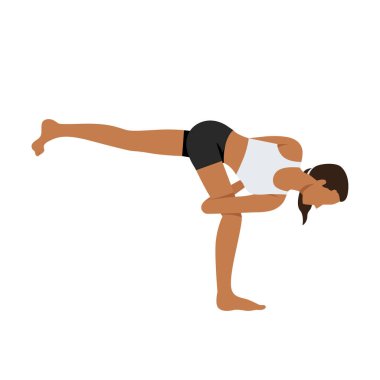 Bound Revolved Half Moon Poose ya da addha Parivritta Ardha Chandrasana 'yı oynayan genç bir kadın. Düz vektör çizimi beyaz arkaplanda izole edildi