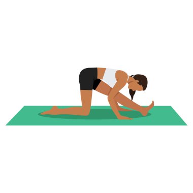 Half Splits Poose, Half Monkey Poose ya da Ardha Hanumanasana 'yı oynayan genç bir kadın. Düz vektör çizimi beyaz arkaplanda izole edildi