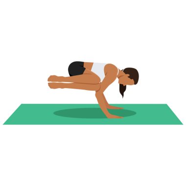 Yan Karga Pozu, Yan Turna Pozu ya da Parsva Bakasana, Parsva Kakasana 'yı oynayan genç bir kadın. Düz vektör çizimi beyaz arkaplanda izole edildi
