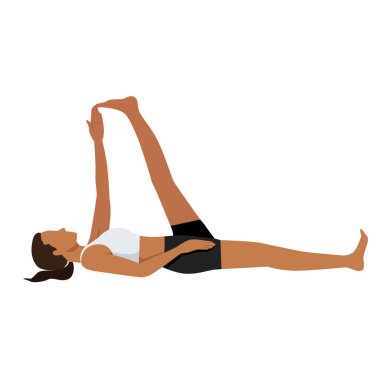 Kahraman Pozu, Eyer Pozu ya da Supta Virasana 'yı oynayan genç bir kadın. Düz vektör çizimi beyaz arkaplanda izole edildi