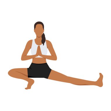 Yan hamleyi yapan genç kadın poz veren duacı eller ya da Skandasana Namaste Eller. Düz vektör çizimi beyaz arkaplanda izole edildi