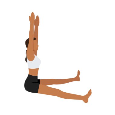 Koltuk Arası Poz Kolları Kalkmış ya da Upavistha Konasana Uttana Hasta 'yı oynayan genç bir kadın. Düz vektör çizimi beyaz arkaplanda izole edildi