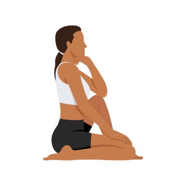 Yarı Kahraman Pozu ya da Ardha Virasana 'yı oynayan genç bir kadın. Düz vektör çizimi beyaz arkaplanda izole edildi