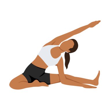 Genç Womann Revolved Head to Dnee Prep veya Parivrtta Janu Sirsasana Prep 'i yapıyor. Düz vektör çizimi beyaz arkaplanda izole edildi