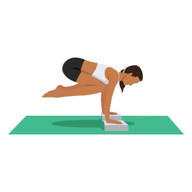 Pendant Poose Block ya da Lolasana Blokları yoga egzersizi yapan genç bir kadın. Düz vektör çizimi beyaz arkaplanda izole edildi