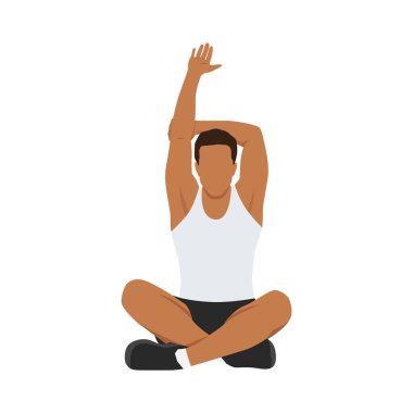 Genç adam kolunu kaldırarak geriyor. Lotus pozisyonunda otururken kollarını uzatıyor. Düz vektör çizimi beyaz arkaplanda izole edildi