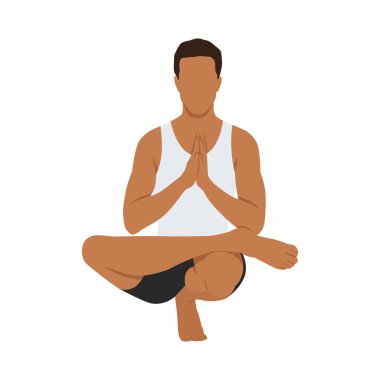 Ağaçta yoga yapan genç bir adam, bir bacağını dua pozisyonu egzersiziyle dengeliyor. Düz vektör çizimi beyaz arkaplanda izole edildi