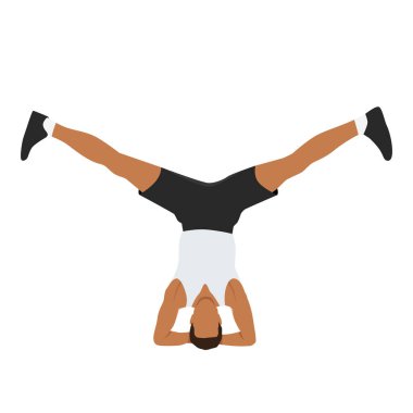 Genç adam amuda kalkarak yoga yapıyor. Düz vektör çizimi beyaz arkaplanda izole edildi