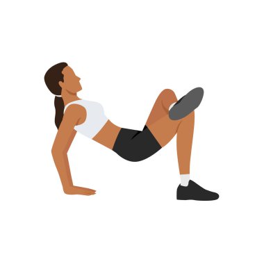 Köprü pozu verip bacak bacak üstüne atan genç bir kadın. Düz vektör çizimi beyaz arkaplanda izole edildi