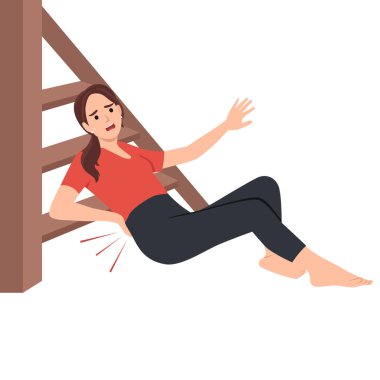 Mutsuz kadın merdivenlerden düşüp sırtına dokunuyor. Düz vektör çizimi beyaz arkaplanda izole edildi