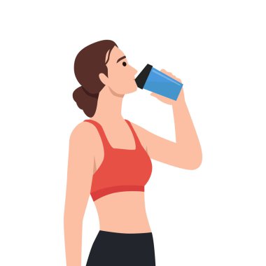 Protein içen kadın beyaz arka planda izole edilmiş yassı vektör çizimi