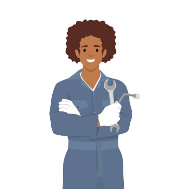 Otomobil tamircisi genç adam. Düz vektör çizimi beyaz arkaplanda izole edildi