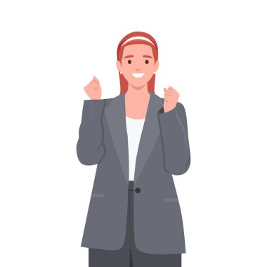 İş kadını heyecanla el ele tutuşup kollarını kaldırdı. Düz vektör çizimi beyaz arkaplanda izole edildi