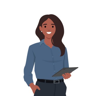 Genç bir iş kadını elinde bir cihaz tutuyor. Düz vektör çizimi beyaz arkaplanda izole edildi